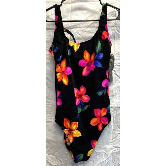 Robby Len Floral Swimsuit 1 Piece Black Floral 16 Nylon Spandex Womens Swim Kohl - Picture 1 of 5